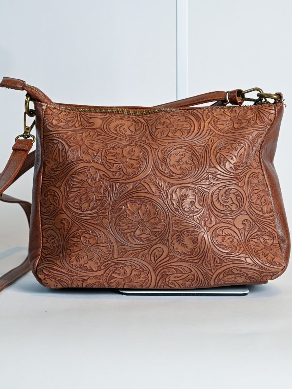 Tooled Floral Crossbody Bag Brown Embossed Faux Leather Western Boho Purse